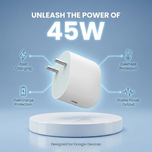 Image of 45W Type-C PD Fast Charging Adapter Compatible with Google Pixel & Chromebook | PPS Rapid Power Adapter Ultra Fast USB-C Charger | White Original Charging Speed