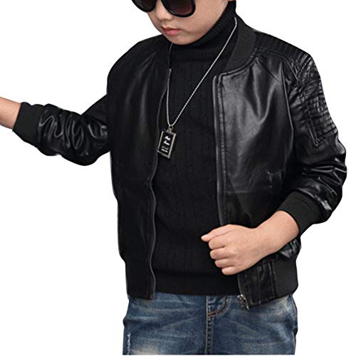 Garçon Veste en Simili Cuir Manches Longues Blouson Motard pour Enfant Noir 110CM