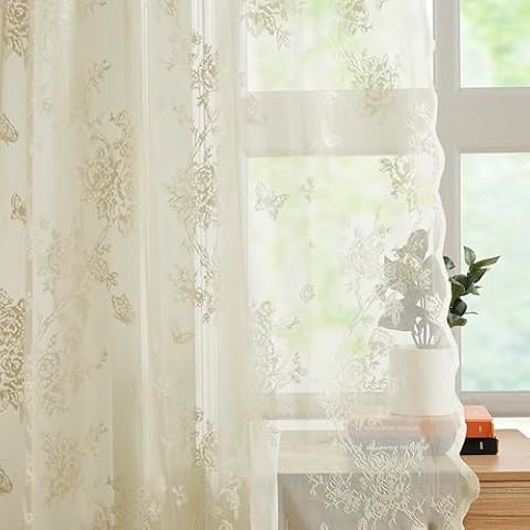 Bujasso Beige Lace Curtains Vintage Floral Beige Sheer Curtains 63 inch Rod Pocket Light Filtering Victorian Beige Lace Sheer Drapes for Living Room Bedroom Scalloped 2 Panels 54" Wx63 L Cover
