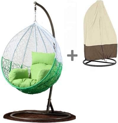 Image of HUMAIRA OUTDOOR FURNITURE Single Seater Swing Chair with Stand & Cushion Outdoor Indoor Balcony Garden Patio,Powder Coated Frame,UV Protected Wicker,Cushion (Swing-White /Cushion-Green)