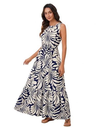 Image of Rooscier Women's Sleeveless Boho Maxi Dress | Halter Neck Print Tiered A Line Beach Dresses