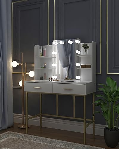 WOLTU Toaletka z lustrem, z oświetleniem LED, z 2 szufladami, nowoczesna toaletka do sypialni, z płyty melaminowej i metalu, biała i złota, 45 x 136 x 90 cm, MB6077ws