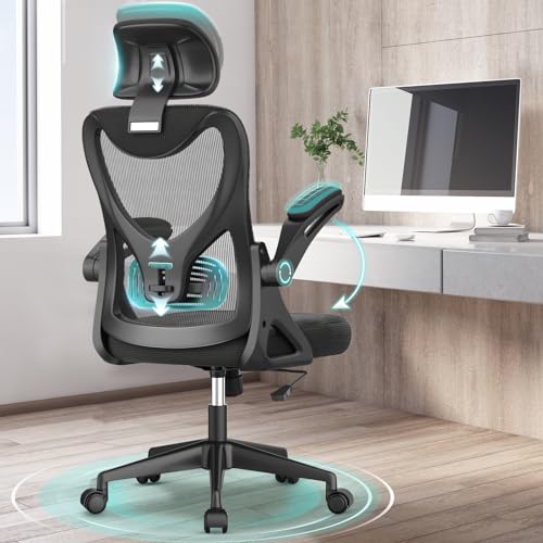 Office Chair Ergonomic Desk Chair with Lumbar Support Headrest Adjustable Padded Flip-up Armrests Comfy Seat Cushion High Back Task Chair