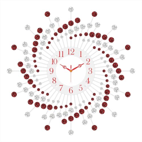 Image of CHRONIKLE Beautiful Crystal Analog Floral Design Round Diamond Studded Metal Wall Clock for Living Room Home Decorations Office Gifts (Size: 60 x 5 x 60 CM | Color: Red & White | Weight: 1460 Gram)