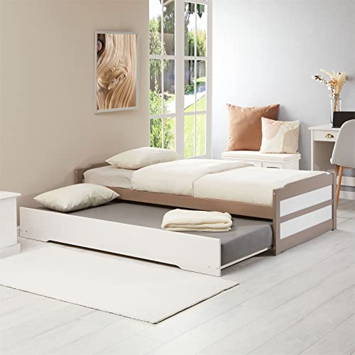 IDIMEX Ausziehbett Lorena in 90 x 190 cm, schönes Tagesbett aus Kiefer massiv in Taupe/weiß, praktisches Jugendbett mit Auszugskasten