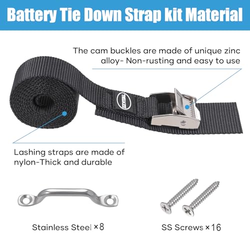 Image of EXVITAL Battery Tie Down Strap Hold Down Kit, 1 inch x 78 inch Cooler Tie Down Kit with Non-Rusting Cam Buckle, Stainless Steel Bracket & SS Screws for RV Battery,Luggage Belt (4 Pack)