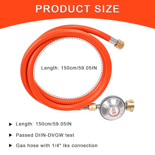 Rzspher Gasdruckregler 50mbar, 150 cm Gasschlauch, 1/4\ -19 LH Außengewinde, Gas Niederdruckregler Druckregler für Gasgrils für Camping Picknicks Grillpartys