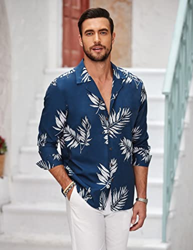 Coofandy Men's Hawaiian Shirts Palm Leaf Summer Beach Shirts Long Sleeve Cuban Collar Palm Leaf Button Down Shirt Palm Leaf Xxxl #TOP1
