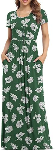 VIISHOW Women's Short Sleeve Floral Dress Loose Plain Maxi Dresses Casual Long Dresses with Pockets(Green White Flower Small)