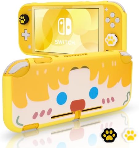 DLseego Grip Case Controller for Switch Lite Console, Durable Anti-Slip Shock-Absorption Protective TPU Soft Case and Joycon Controllers with 2 PCS Comfortable Cat Thumb Grips Caps-Yellow Cute Boy