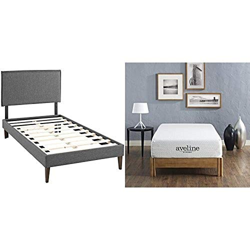 Modway Camille Twin Fabric Platform Bed With Squared Tapered Legs In Gray With Modway Aveline 10" Gel Infused Memory Foam Twin Mattress With Certipur-Us Certified Foam #TOP17