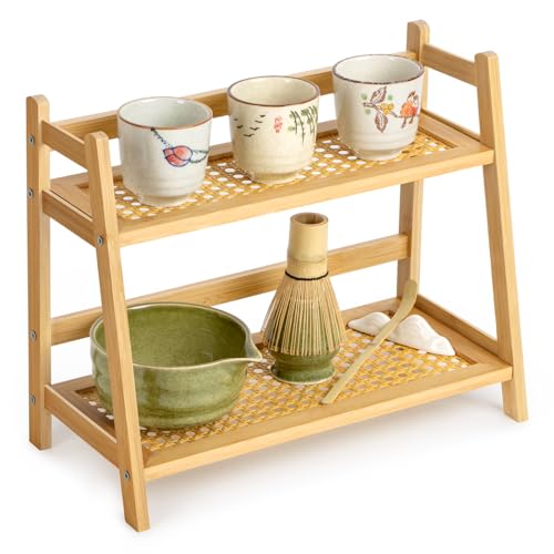 ANBOXIT Porte Tasses Étagère Cuisine en Rotin et Bambou - 2 Étages Organisateur de Cuisine, Café, Thé et Épices - Rangement Café pour Coffee Bar