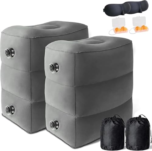 DAWNTREES Inflatable Foot Rest Pillow 2 Pack - Adjustable Height Travel Footrest for Airplane, Car, Office & Home - Portable Blow Up Foot Cushion with Easy-Carry Strap, Lightweight Ergonomic Support