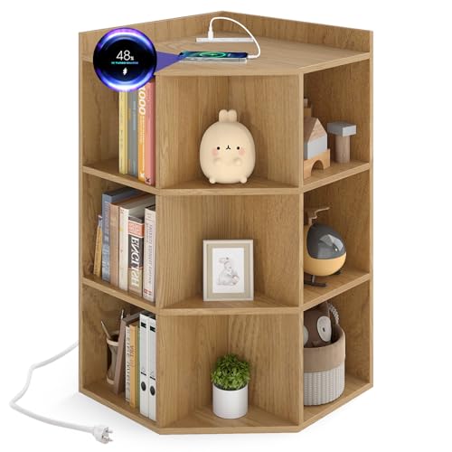 Costzon Corner Toy Storage Organizer 3-Tier Wooden Cabinet with USB Ports and Outlets 9 Cube Bookcase for Toys Books Kids Bookshelf and Toy Storage for Kids Room Nursery Living Room (Natural)