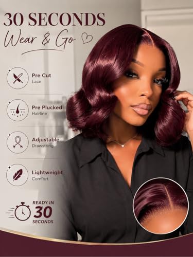 Image of Beauty Forever Black Cherry Glueless Bob Wig Human Hair, HD Lace Body Wave Bob with Face Framing Bangs, Pre Cut Pre Plucked Wear and Go Wig, Natural Blowout Look 12inch