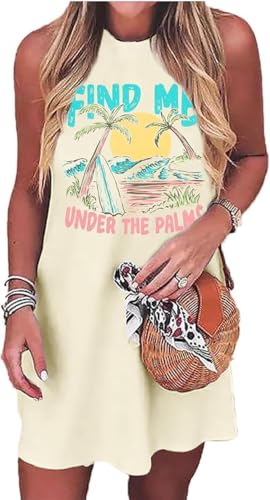 Wudlads Coconut Tree Tank Mini Dress for Women Summer Beach Praty Sleeveless Shirts Casual Vacation Short Dresses（Yellow-1, X-Large