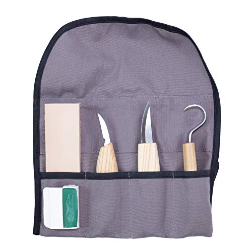 Wood Carving Tools Set for Spoon Carving 3 Knives in Leather Strop and Polishing Compound Hook + Sloyd and Detail Knife