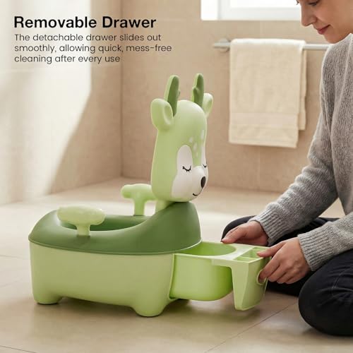Image of Baybee Deer Baby Potty Seat for Kids 2 to 5 Years with Back Support | Foldable Toilet Seat with Removable Drawer & Cleaning Brush | Premium Potty Training seat | Kids Toilet Chair Boys Girls (Green)