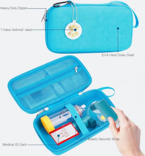 Image of MGZNMTY Travel Carrying Case Compatible with Asthma Inhaler Spacer for Adults and Children, Masks, Inhaler Holder with Asthma Alert Tag and Medical Card, Carabiner (Only Case) (Sky Blue)