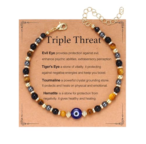 Image of Triple Threat Protection Anxiety Relief Gifts for Women,Natural Healing Crystal Bracelet Evil Eye Jewelry for Her Friends