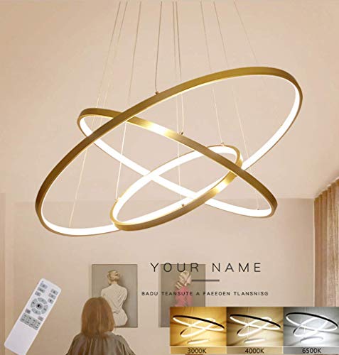 ZXM Moderne LED Lustre Table À Manger LED 3 Anneaux LED Dimmable Télécommande Suspension Lampe Salon Plafond Lampe Chambre Hauteur Compréhensible,d'or,60+40+20CM(75W)