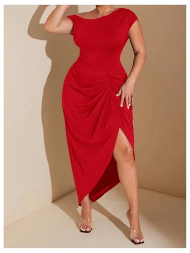 Image of Floerns Women's Plus Size Asymmetrical Neck Long Dress Ruched Slit Hem Cocktail Dress