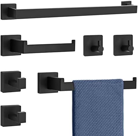 MengxFly 7 Piece Bathroom Hardware Set, Matte Black Bathroom Accessories Hardware Set, Square Towel Bar Set 23.6"Towel Rack + Hand Towel Holder + Toilet Paper Rack + 4*Towel Hook Bathroom Hardware Set