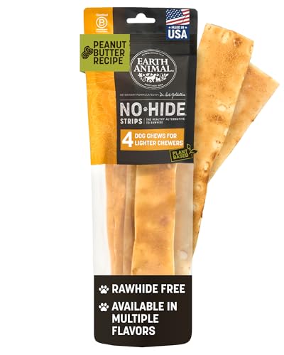 Earth Animal No Hide Strips - Natural Rawhide Free Dog Chew Strips, Peanut Butter - 4 Count