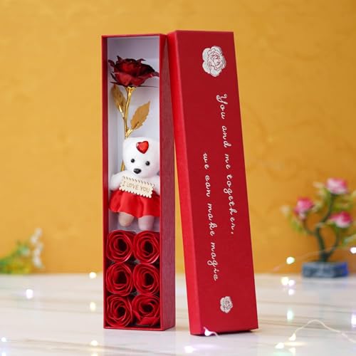 Red Valentine Day Gift Box with Teddy, Rose Showpiece & 6 Artific...