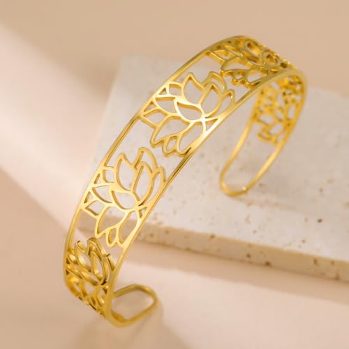 Dreamtimes Lotus Open Cuff Bangle Bracelet Stainless Steel lotus bracelet Elegant Hollow Carved Adjustable Bracelet for Women Boho Floral Jewelry Gift2