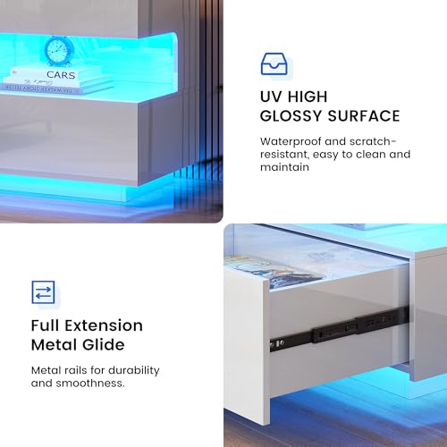 Image of HNEBC High‑Gloss LED Nightstand Set of 2 for Bedroom | Motion‑Sensor 3‑Color Lighting, Hidden Storage Compartment, Gun Drawers, USB, Type‑C & Wireless Charging Station-White Night Stand Set 2