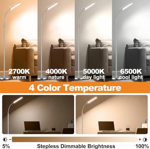 Image of marctronic Brushed Nickel Floor Lamp, 18W 1800LM Super Bright, Sleek Metallic Finish & Remote, Dimmable Timing Floor Standing Lamp for Living Room /Study