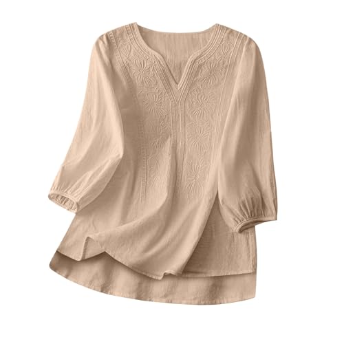 Boho Tops for Women Dressy 3/4 Sleeve Shirts Casual Loose V-Neck Low Hem Linen Embroidered Blouse Boho Blouses for Women Khaki S - image 8