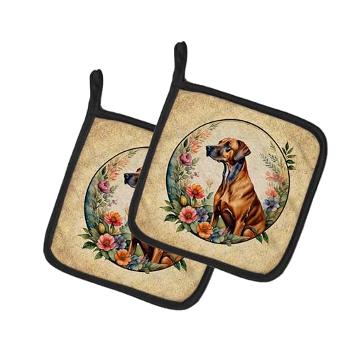 Caroline's Treasures Rhodesian Ridgeback and Flowers Pair of Pot Holders Kitchen Heat Resistant Pot Holders Sets Oven Hot Pads for Cooking Baking BBQ, 7 1/2 x 7 1/2