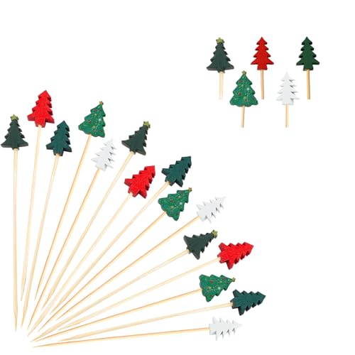 Jiesky 125 Pcs 5in Christmas Tree Cocktail Picks 5 Kind of Bamboo Cocktail Toothpicks Fruit Food Appetizer Charcuterie Skewers Dessert Dinner for Christmas Party Decorations