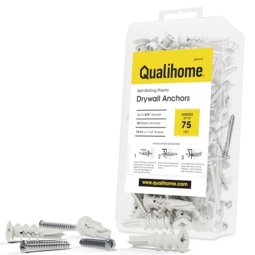 Image of Qualihome Drywall Anchors with Screws - Self-Drilling Drywall Anchors, Anti-Spin Grip, No Pre-Drill Wall Anchor Kit, Strong & Reliable Hold, 75 Pack (150 Pieces)