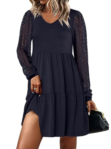 ANRABESS Dresses for Women Casual Lace Long Sleeve V Neck Tiered Swing Flowy Loose A-line Mini Short 2025 Fall Vacation Dress Small Navy Blue