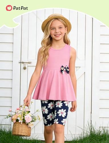 Image of PATPAT Girls Summer 2 Piece Outfits 4-12Y Butterfly Bow Sleeveless Tunic Tops and Floral Print Shorts Cute Clothes