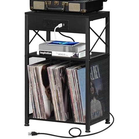 LELELINKY 3 Tier End Table with Charging Station, Record Player Stand Holds Up to 100 Albums, Brown Vinyl Records Storage Holder, Turntable Stand with Display Shelf for Bedroom Living Room Office Cover
