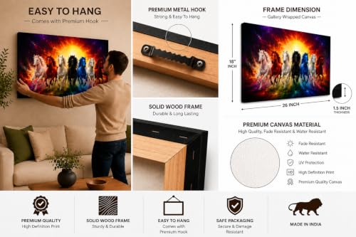 Image of 7 Horse Vastu Sunrise Canvas Painting | Positive Energy Wall Decor | Big Size Premium Running Horses Artwork for Home, Office & Hall Decoration (Modern, Galaxy Horse, 26x18 Inch)