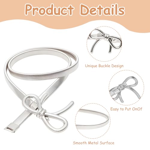 panthra 2 Pcs Metal Belts for Women, Skinny Stretchy Adjustable Waist Bow Belts for Women for Women's Dress Formal Jeans Shirt (Gold + Silver)3