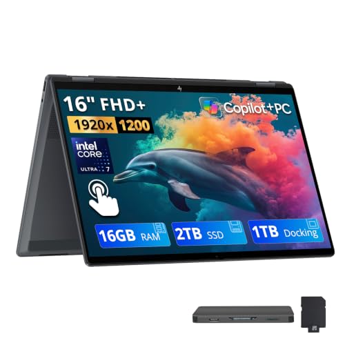 Image of HP OmniBook X Flip 2-in-1 16 inch 2K Touch Copilot+ PC Laptop, Intel Core Ultra 7 256V, 16GB LPDDR5X, 3TB Storage (2TB SSD+1TB Docking Station), Intel Arc 140V GPU, Backlit Keyboard, Win 11, Gray