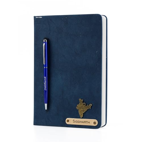 Image of AICA Personalized Name & Charm Magnetic Stick Leather (Navy Blue) Diary A5 Size 180 Pages & Roller Pen | Customized Corporate Gift for Men Women | Diwali Gifts for Family and Friends | Diwali Gift