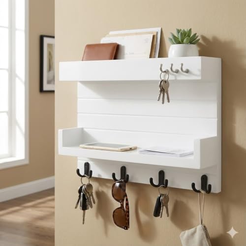 Image of Key Holder for Wall with Mail Shelf & 4 Hooks | Engineered Wood (White, 36D x 23W x 10H Centimeters)