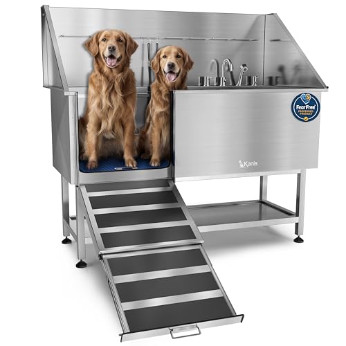 Image of KANIS Professional Dog Washing Station 304 Stainless Steel Pet Wash Sink & Grooming Bathtub w /Shower, Floor Grates and Storage for Large, Medium & Small Pets (Silver, 61 Inches, Left Ramp, Shelf)