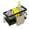Suporte Organizador de Esponja para Pia – Aço Carbono com Bandeja e Porta-Pano, Preto, Antiferrugem, Sem Furo, Cozinha (Preto)