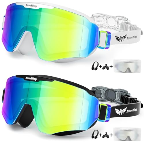 AzureWings 2 Pack Swim Goggles for Men Women Adult Large Frame Anti-Fog No Leak UV Protection HD Wide Vision Mirrored Water Pool Swimming Goggles