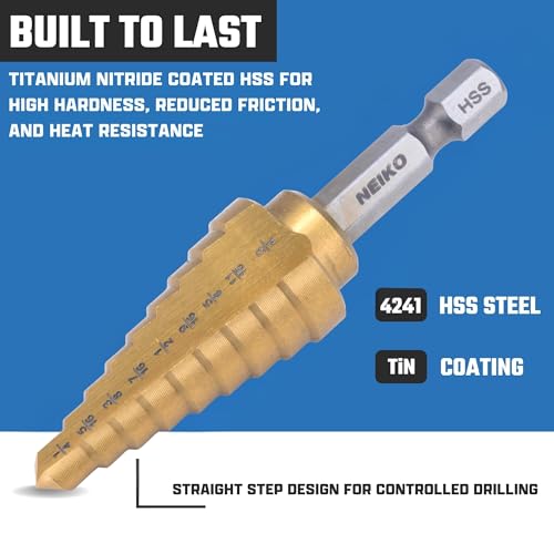 Image of NEIKO 10607A Step Drill Bit, 9 Steps 1 /4 inch to 3 /4 inch Straight High Speed Steel, Titanium Nitride Coated, 1 /4 inch Quick Change Step Bits for Steel, Metal, Wood, Plastic, Unibit Cone Drill Bits, Two Flute