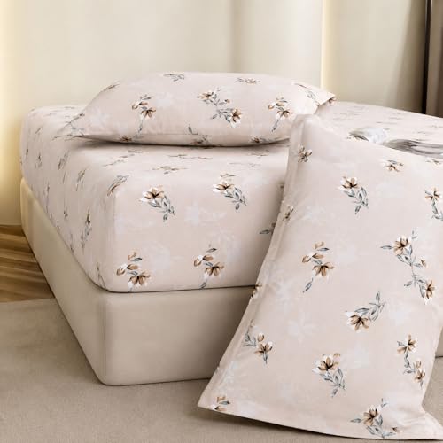 Image of King Size Elastic Fitted Bedsheet, 100% Pure Cotton King Size Fitted Bedsheet for Double Bed with 2 Pillow Covers, 240 TC, 72x78 Inches up to 8-inch Mattress, Floral (Cocoa Blossom)