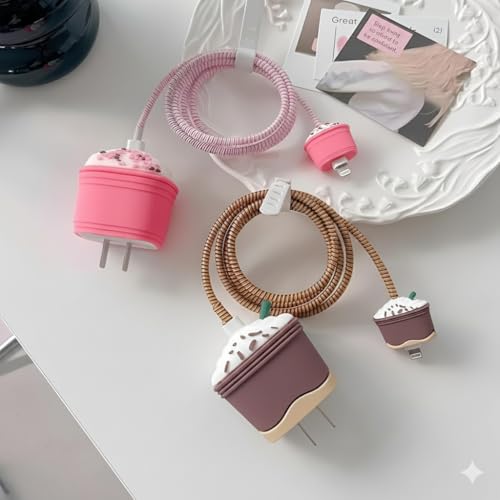 Image of skysia Charger & Cable Protector for iPhone (18W-20W) - 3D Cute Pattern Full Protection Cover, Data Line Wire Saver, 4-in-1 Set for Adapter & Lightning Cable (Multicolored, StrBucks Brown, Pack of 1)